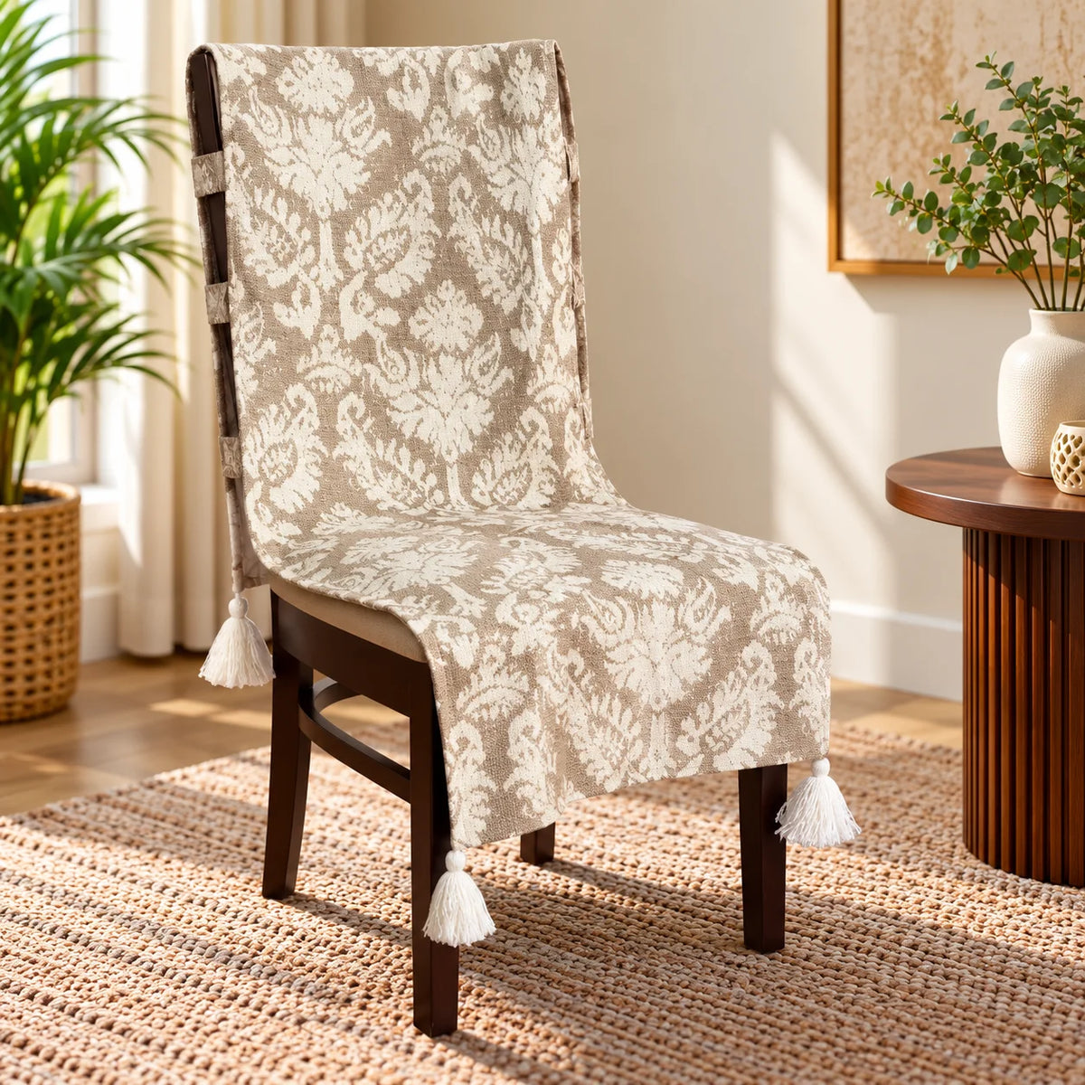 Beige Damask Jacquard Chair Cover with Tassels