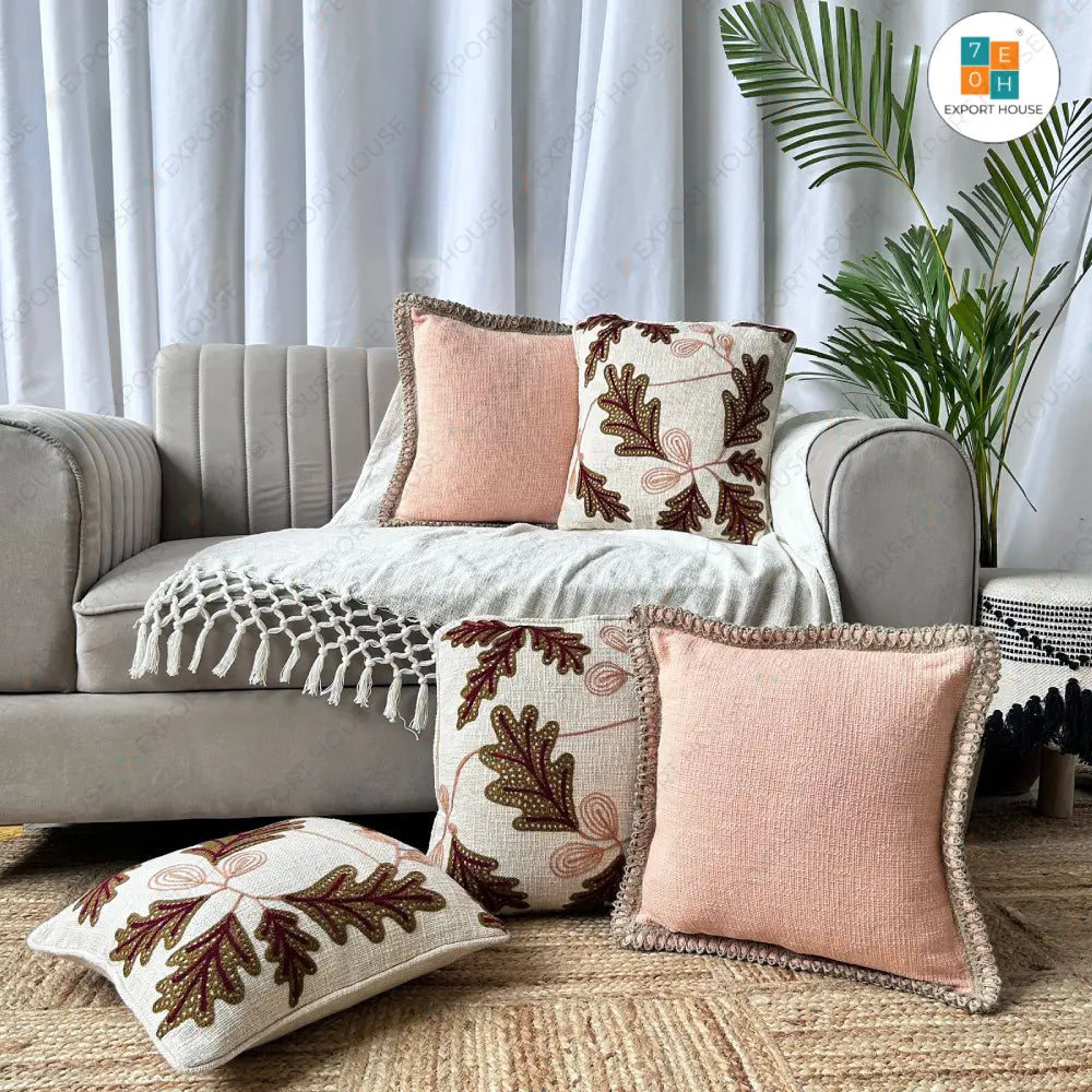Cotton Embroidered Cushion Cover - Premium Set of 5, Size:40cm X 40cm (16" X 16")
