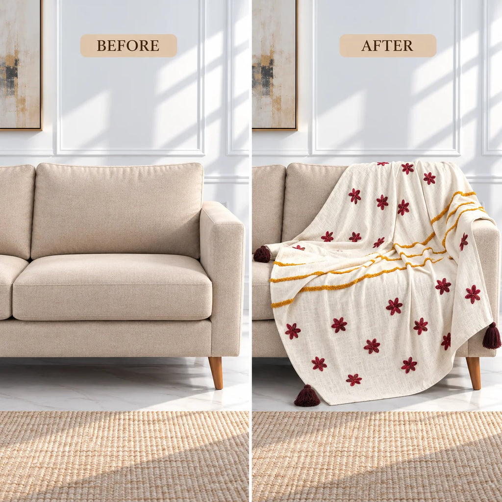 Marigold Stripe Floral AppliquÃ© Cotton Throw for Sofa