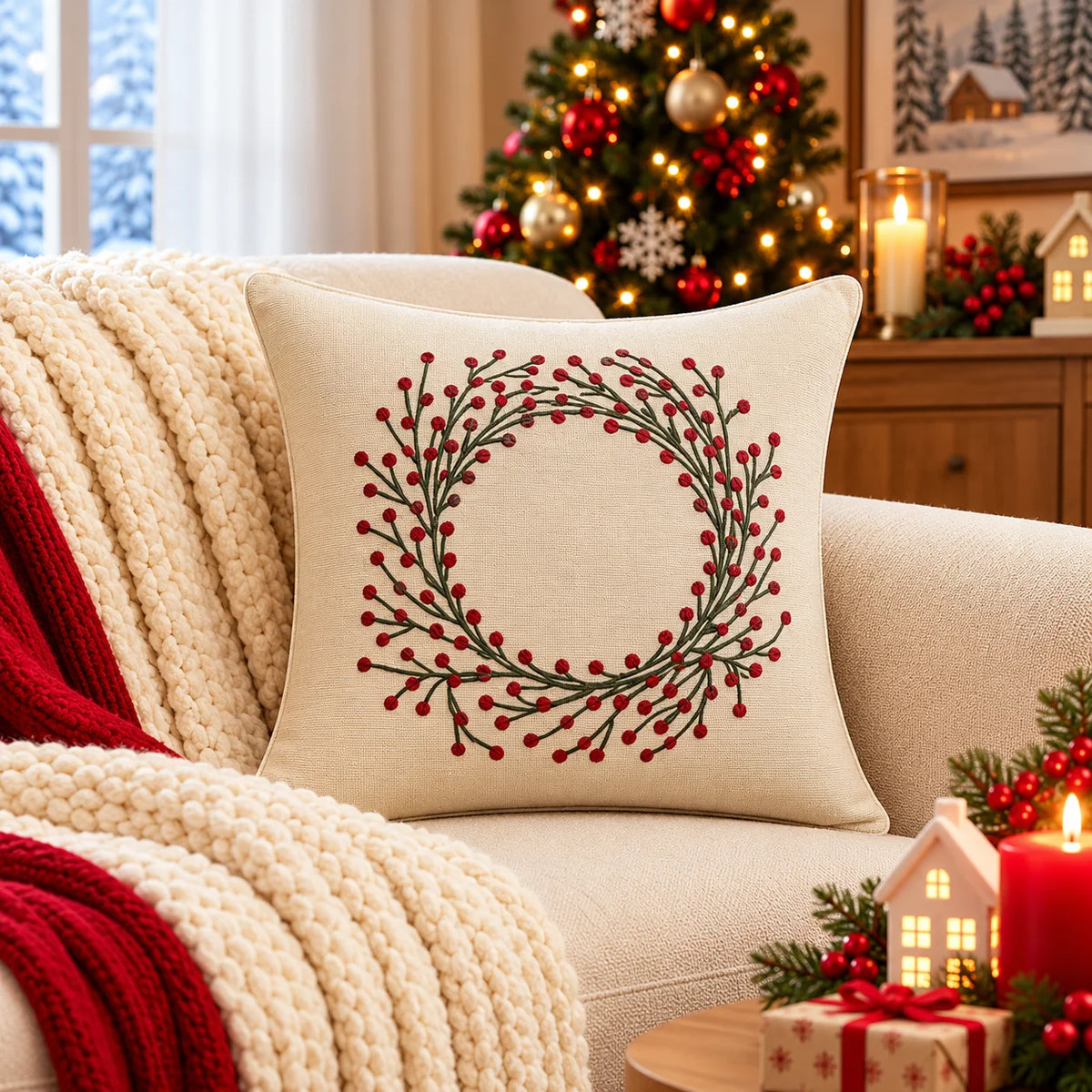 Christmas Themed Cotton Embroidered Cushion Cover, Size:40cm X 40cm (16" X 16")