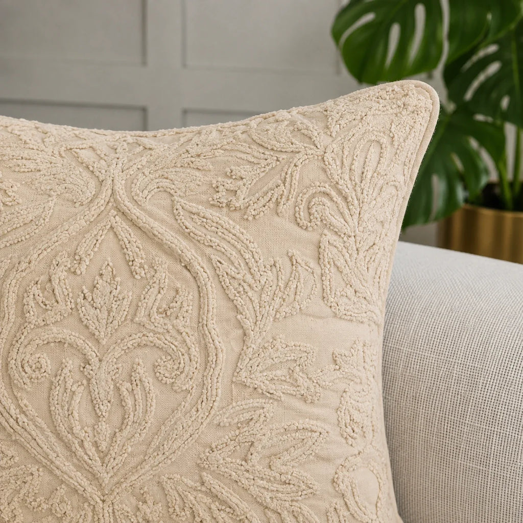 Cream Damask Embroidered Cushion Cover