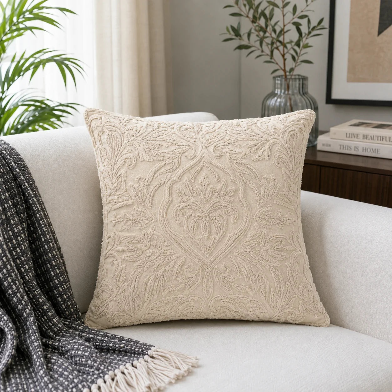 Cream Damask Embroidered Cushion Cover