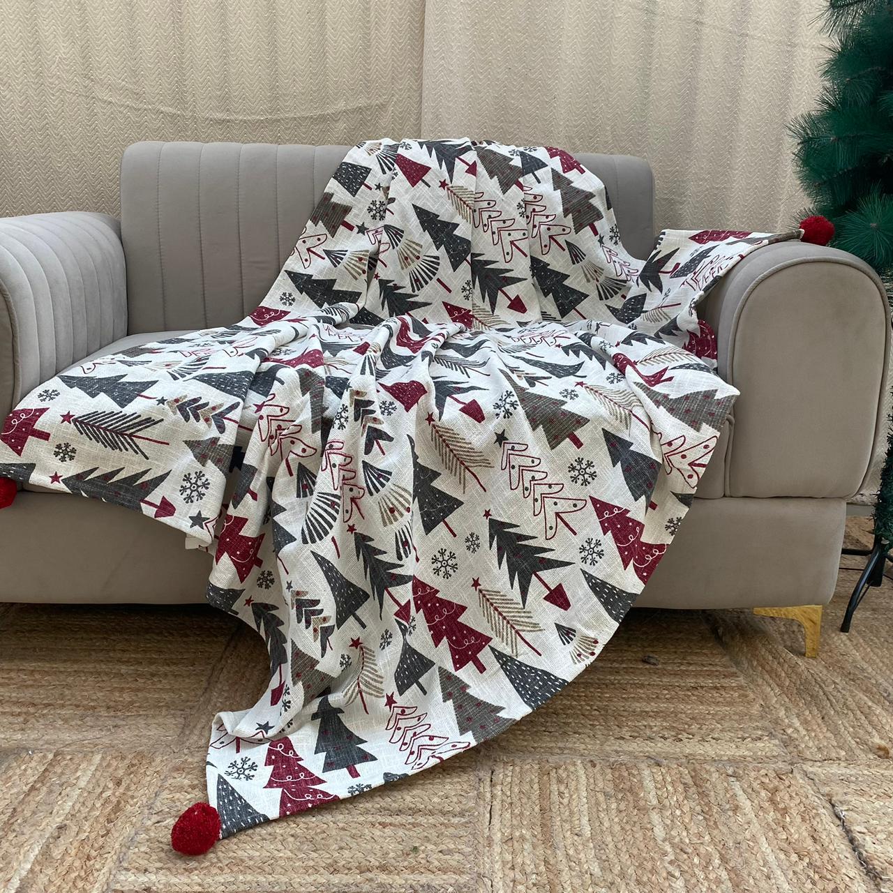 Christmas Themed Cotton Printed Sofa Throw Blanket, Size:127cm X 152cm (50" X 60")