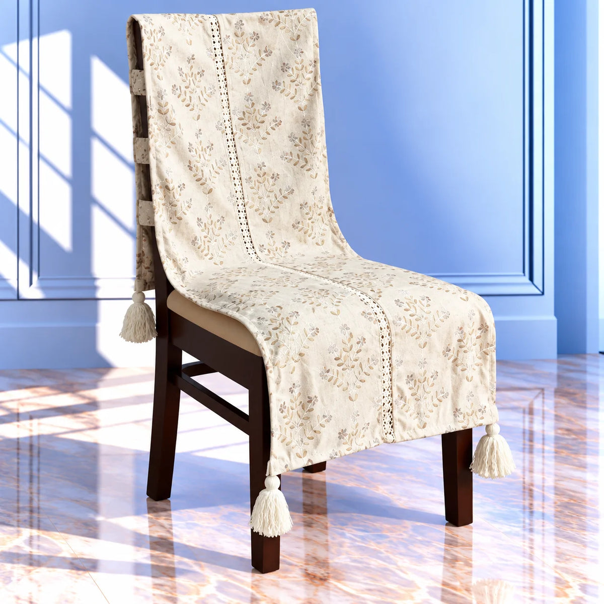 Linen Beige Scattered Leaf Pattern Chair Cover with Tassels