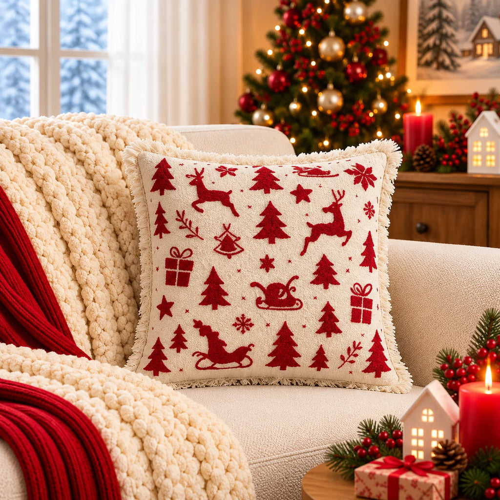 Christmas Themed Cotton Printed Cushion Cover, Size:40cm X 40cm (16" X 16")