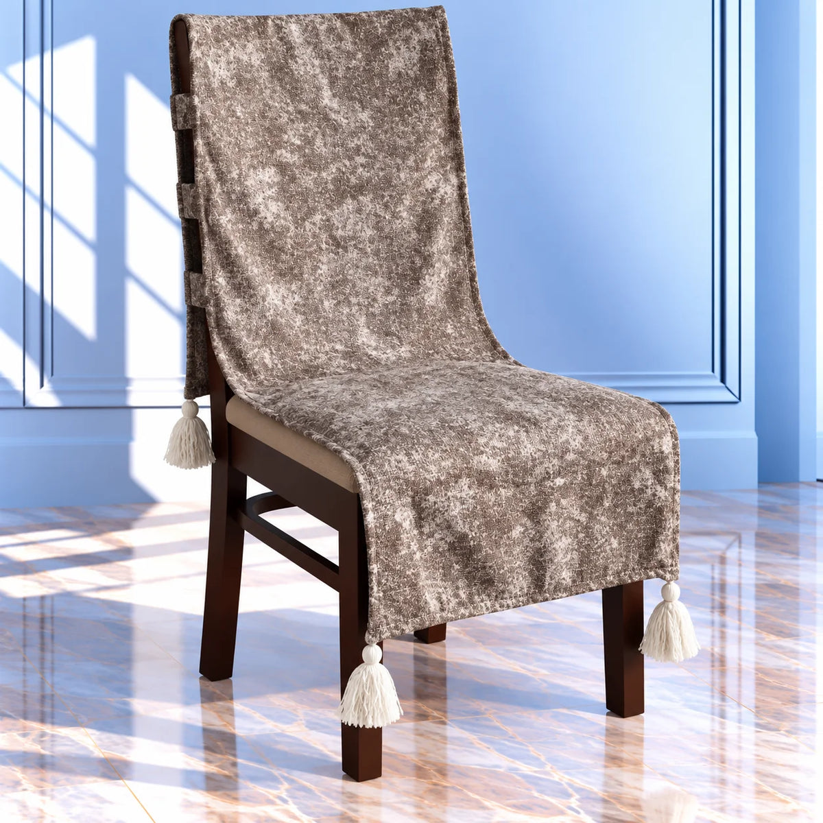 Cocoa Brown Acid Wash Effect Chair Cover with Tassels