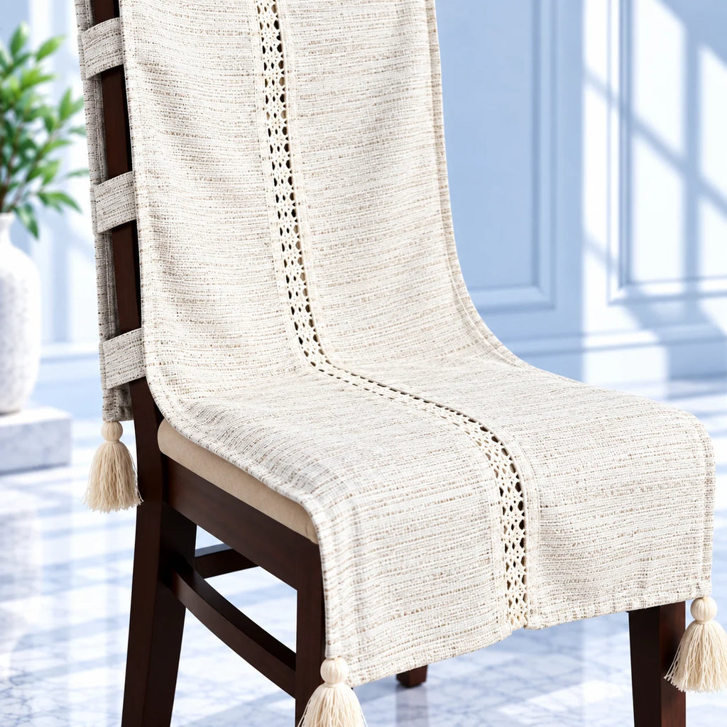 Off White Leaf Pattern Chair Cover with Tassels