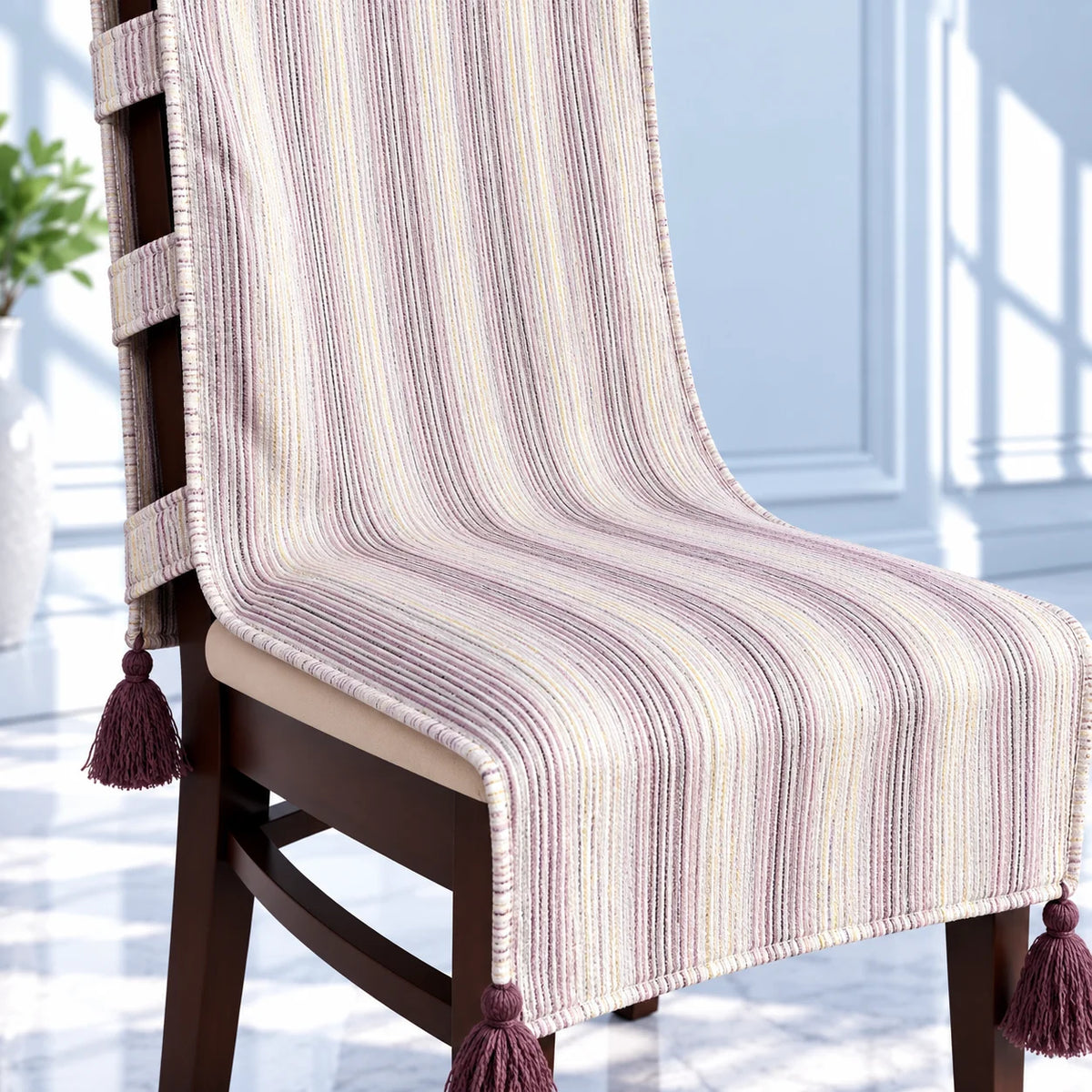 Cream Pinstripe Chair Cover with Maroon Tassels