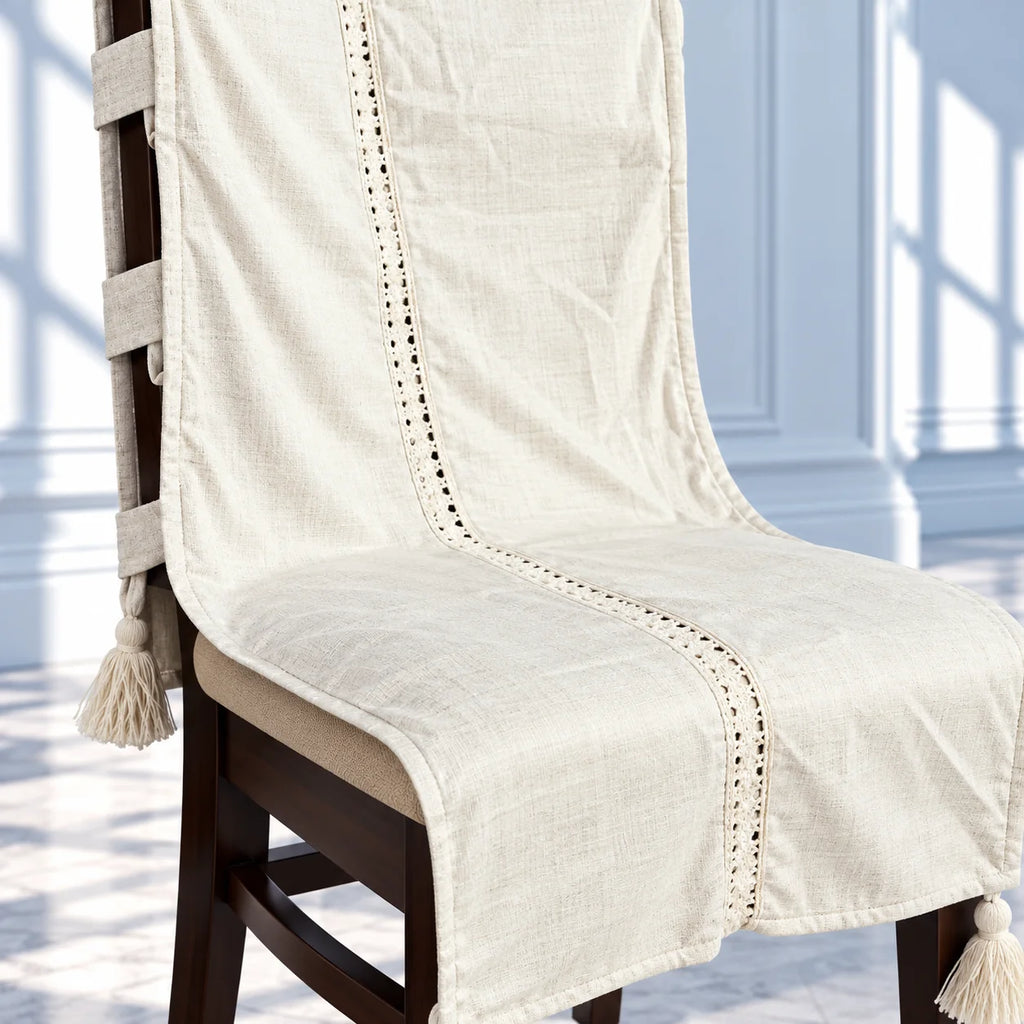 Ivory lace Jacquard Chair Cover with Tassels