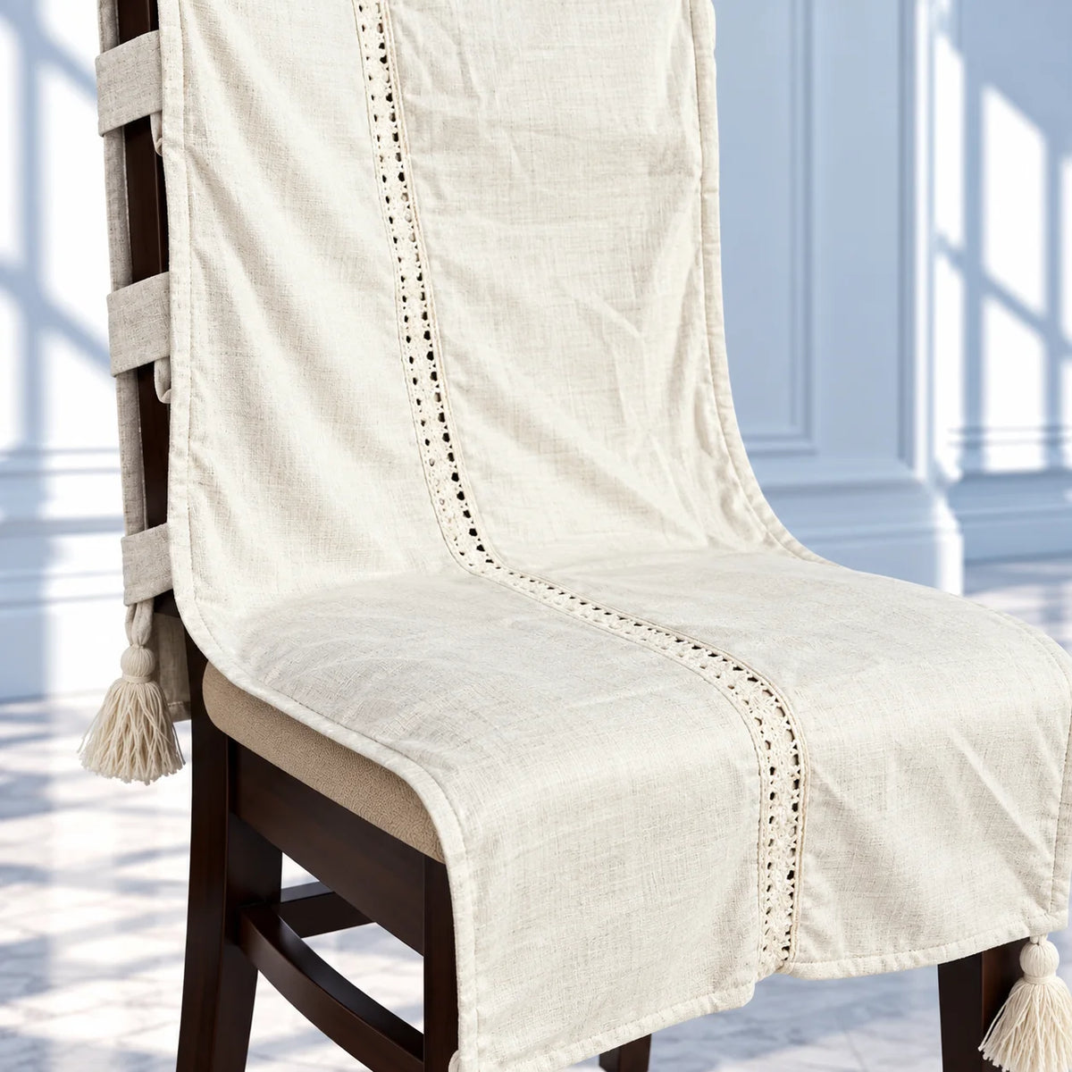 Ivory lace Jacquard Chair Cover with Tassels