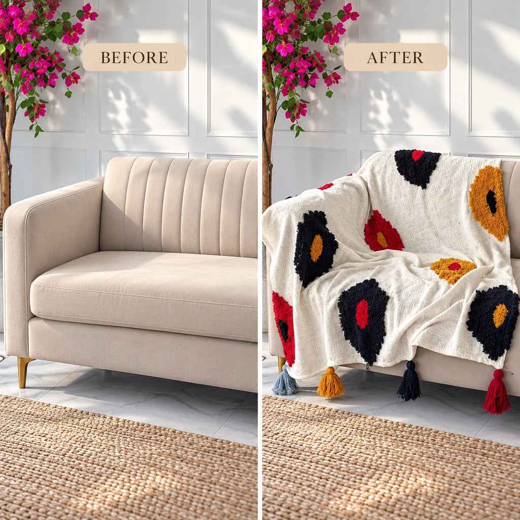 Retro Bloom Tufted Throw Blanket in Navy, Mustard & Red
