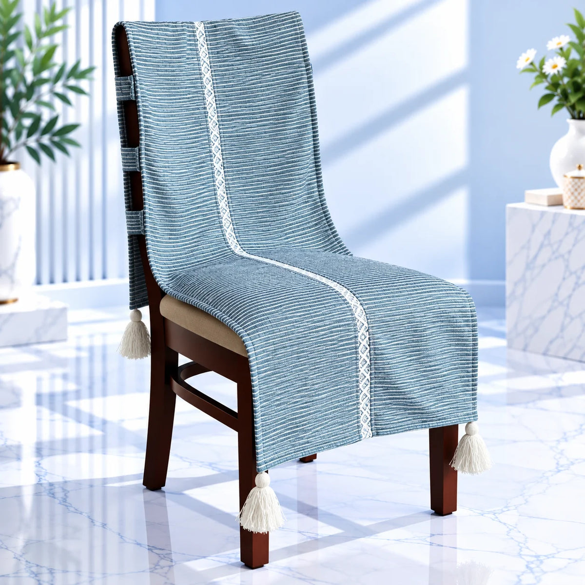 Denim Blue Fine Stripe Chair Cover with Tassels