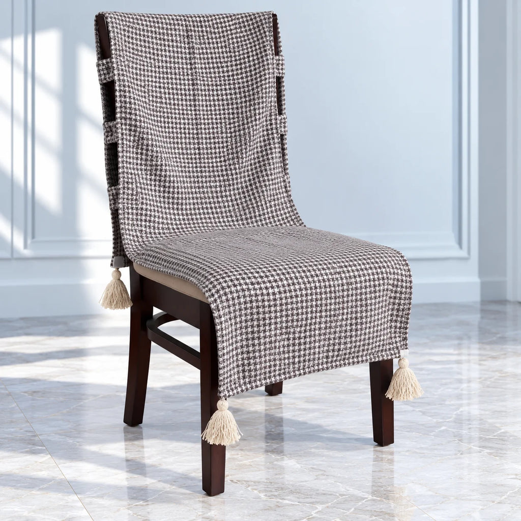 Brown Houndstooth Jacquard Chair Cover with Tassels