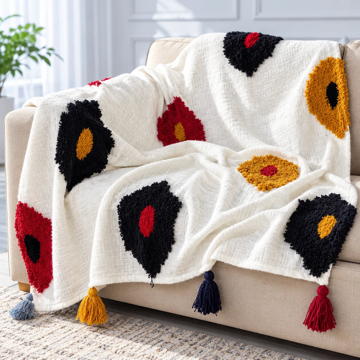 Retro Bloom Tufted Throw Blanket in Navy, Mustard & Red