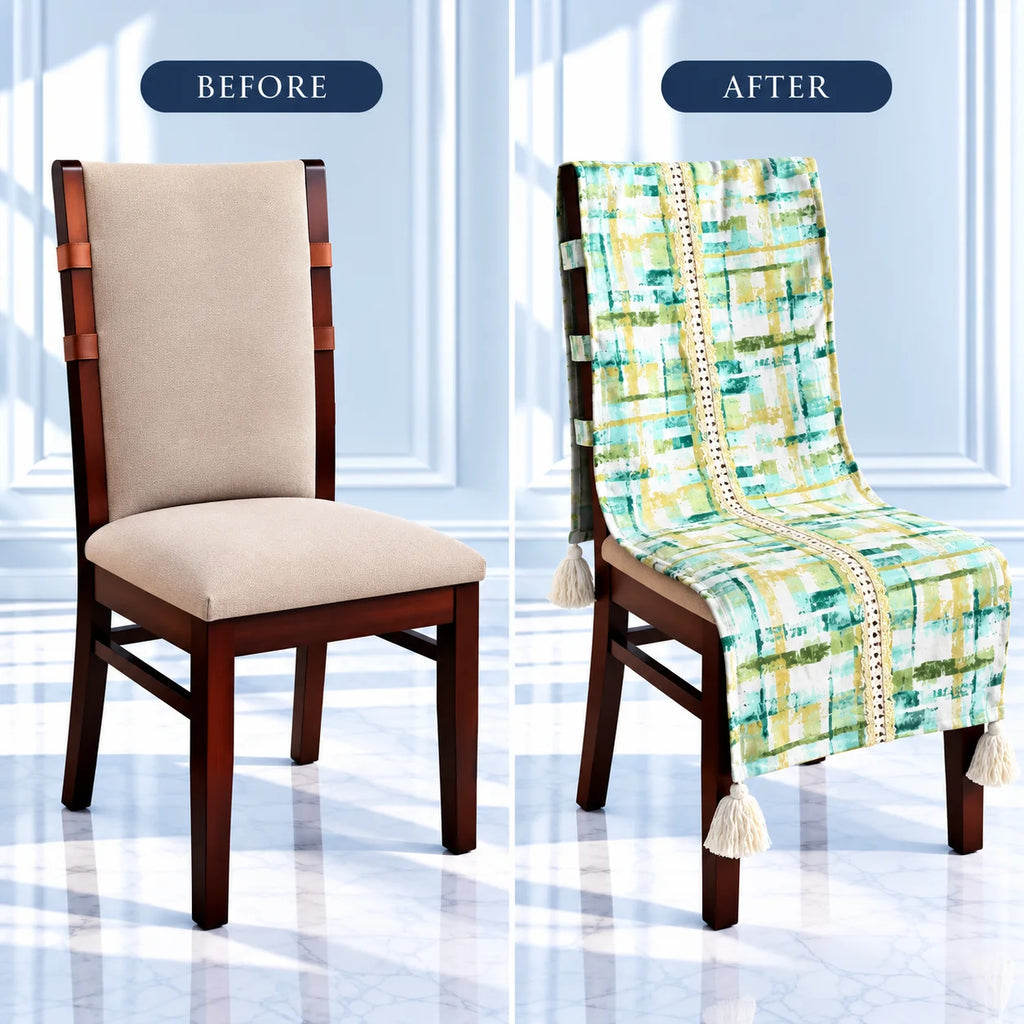 Watercolour Plaid Printed Chair Cover with Tassels