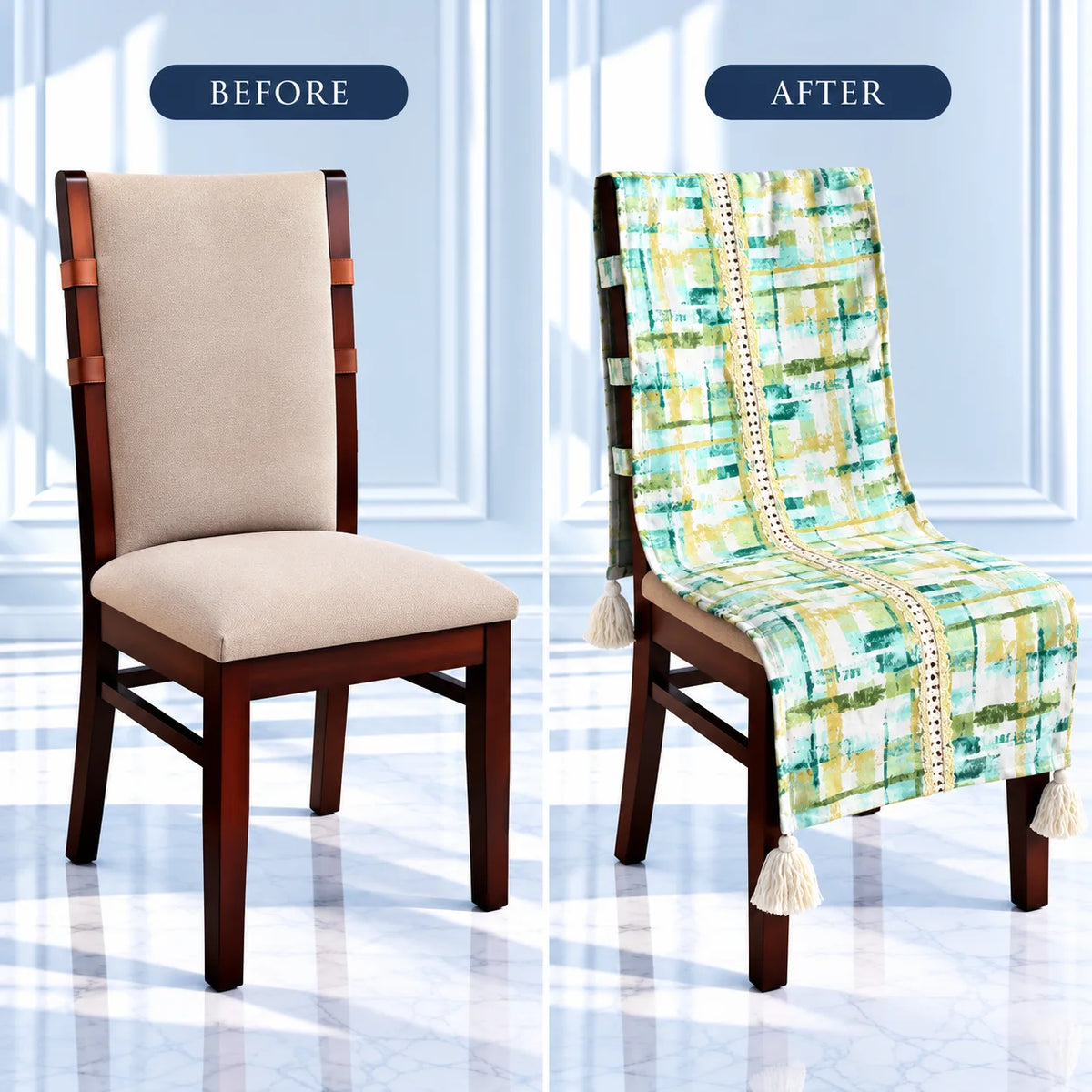 Watercolour Plaid Printed Chair Cover with Tassels