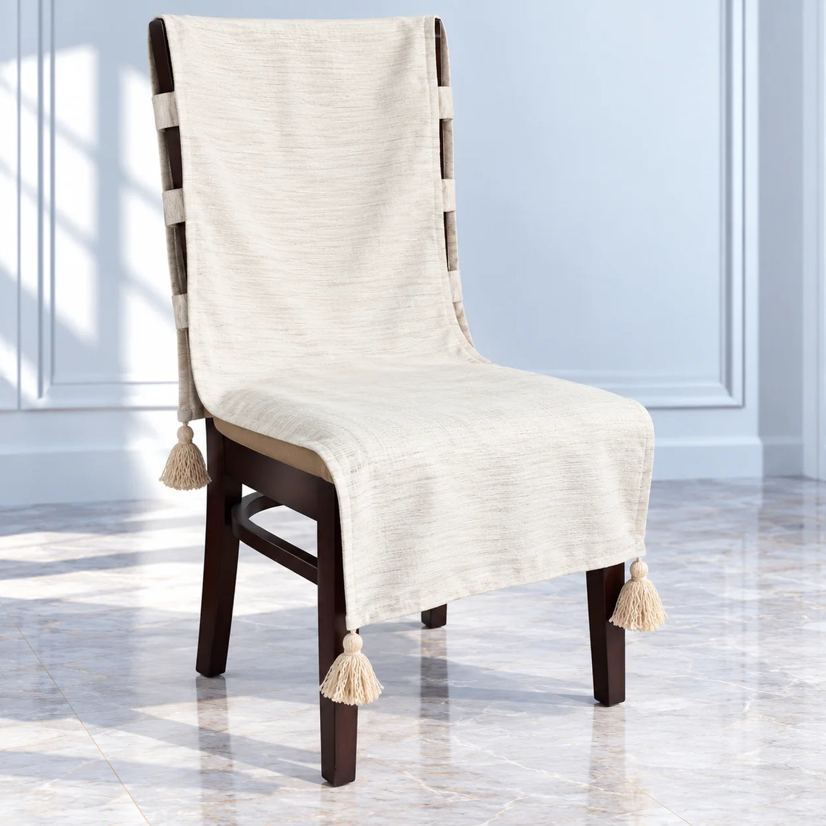 Pure Ivory Textured Chair Cover with Tassels