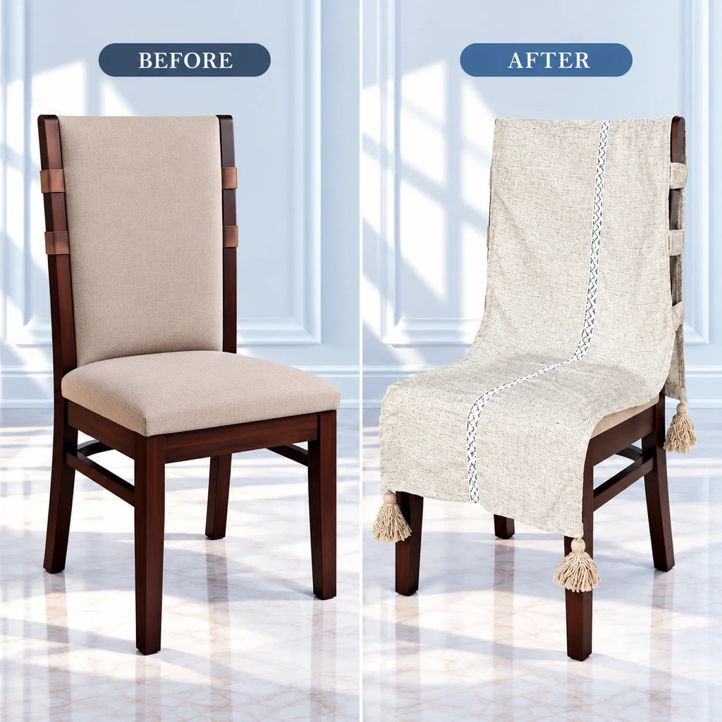 Grey Beige Striped Chair Cover with Center Lace Trim and Tassels