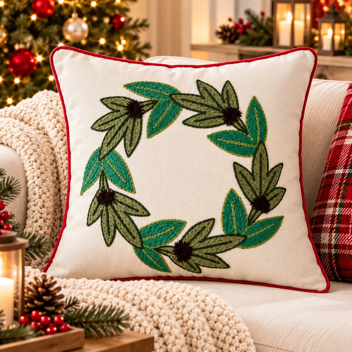 Evergreen Christmas Wreath Embroidered Cotton Cushion Cover â€“ 16 Ã— 16 Inches