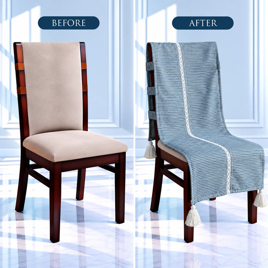 Denim Blue Fine Stripe Chair Cover with Tassels