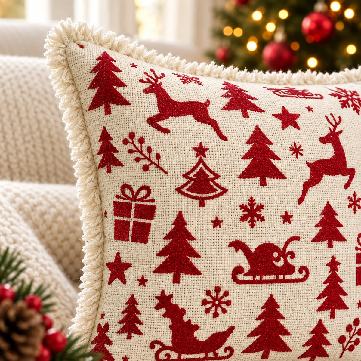 Christmas Themed Cotton Printed Cushion Cover, Size:40cm X 40cm (16" X 16")