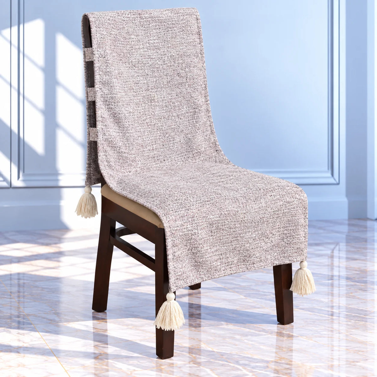 Pebble Grey Melange Chair Cover with Tassel