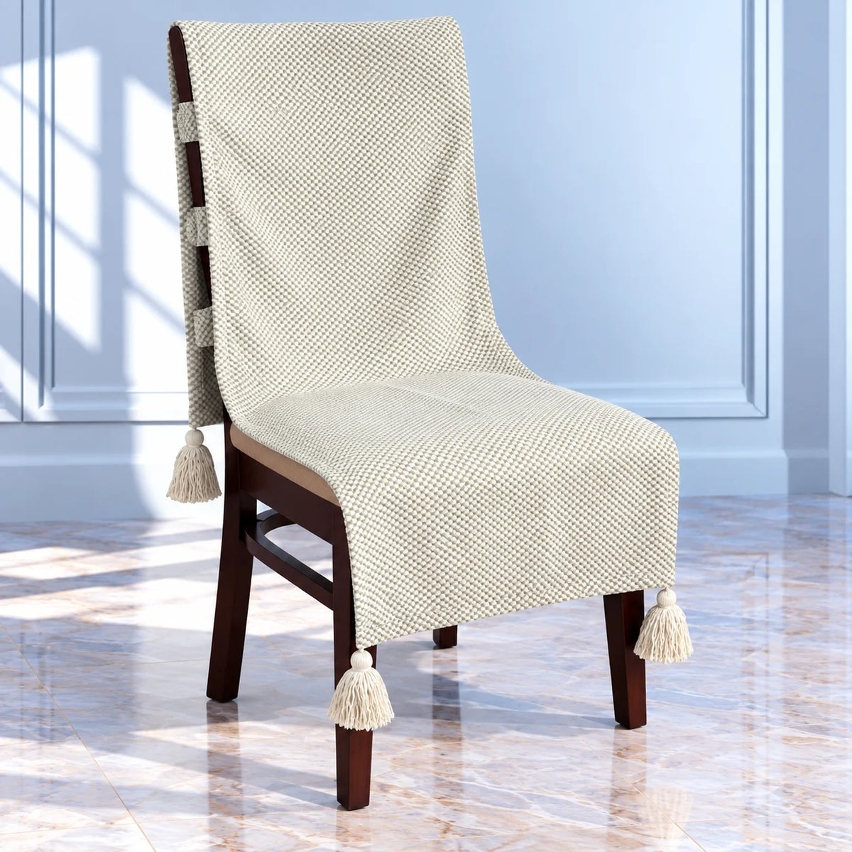 Minimal Ivory Grid Chair Cover with Tassels