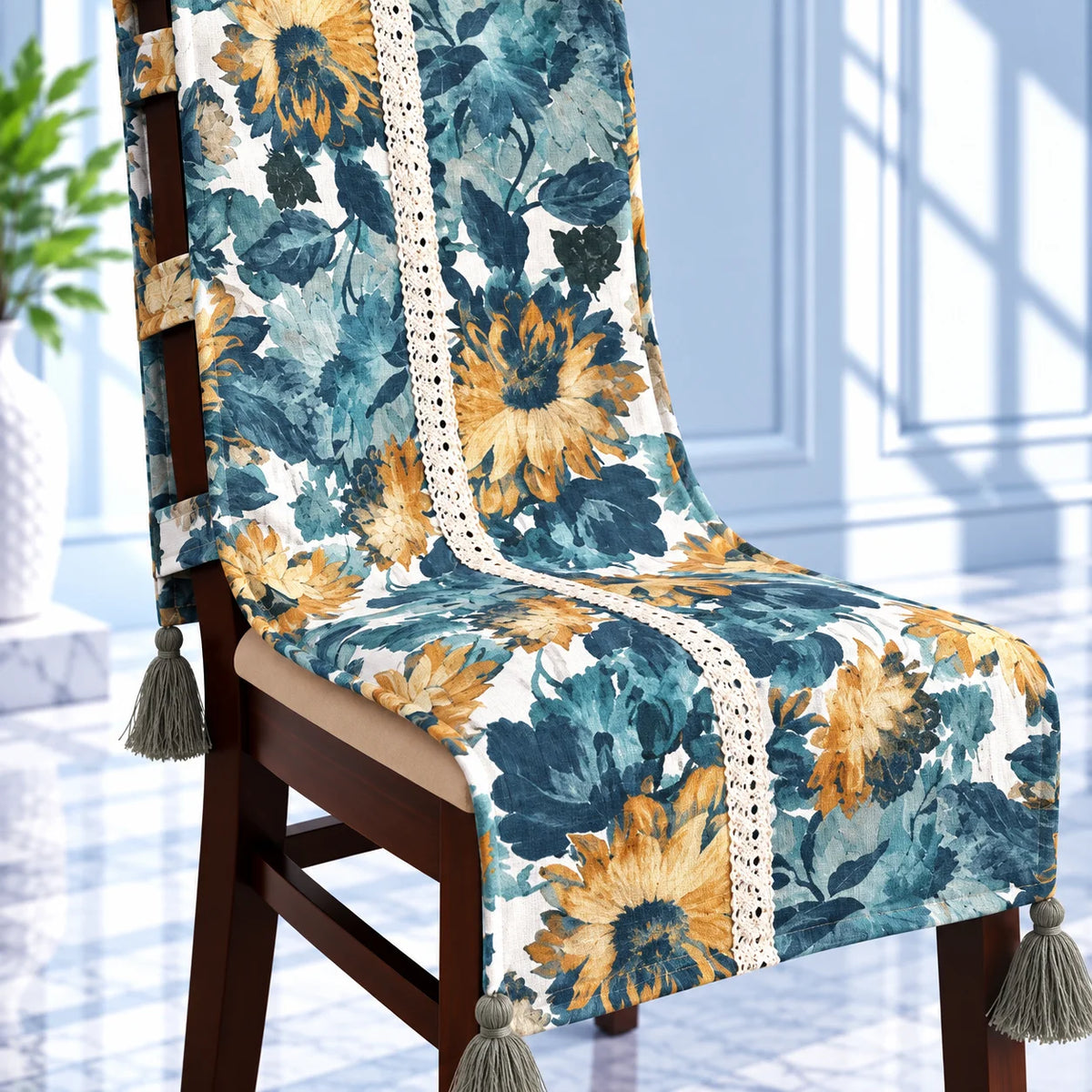 Teal Leaf & Golden Bloom Botanical Chair Cover with Tassels