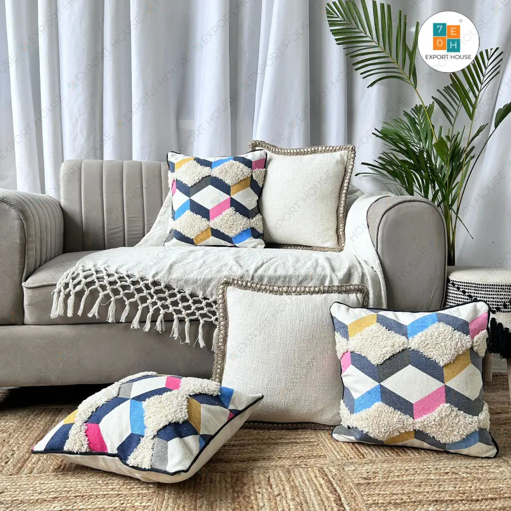 Cotton Tufted Cushion Cover - Premium Set of 5, Size:40cm X 40cm (16" X 16")