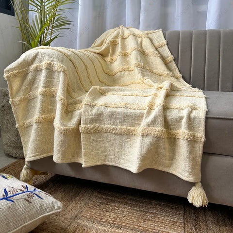 Cotton Sofa Throw Blanket | Woven Design | Beige