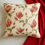 Red Magnolia Embroidered Cotton Cushion Cover with Tan Piping
