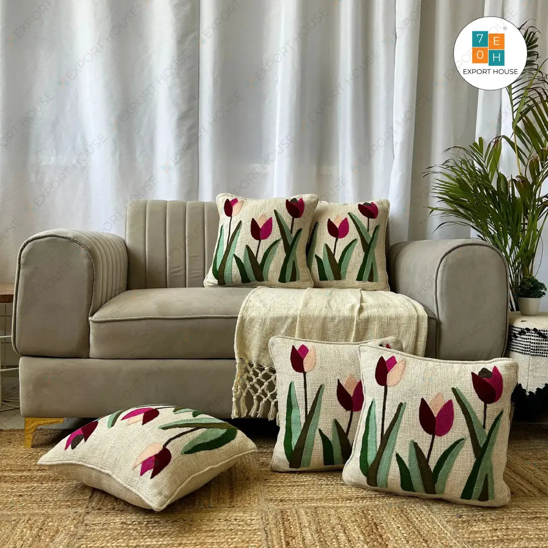 Export House Premium Slub-Cotton Embroidered Cushion Cover - Size:40cm X 40cm (16" X 16")
