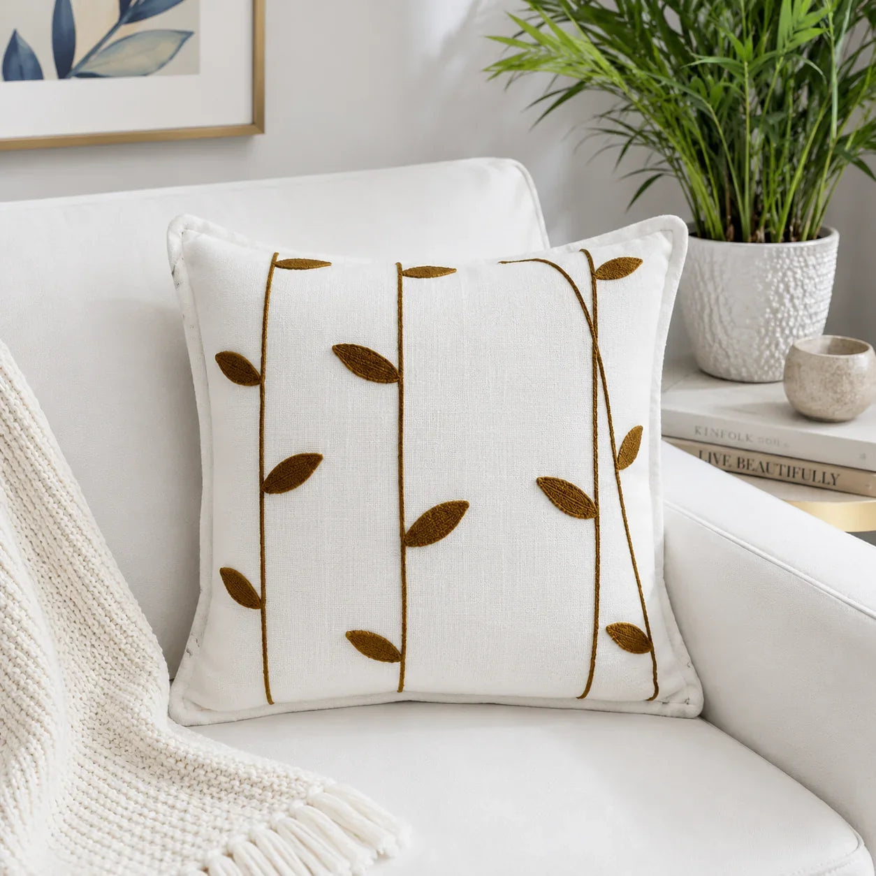 Slub-cotton Embroidered Cushion Cover, 60cm X 60cm (24" X 24")