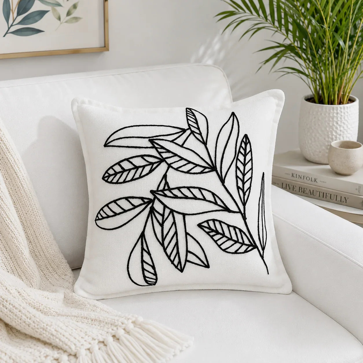 Slub-cotton Embroidered Cushion Cover, 60cm X 60cm (24" X 24")