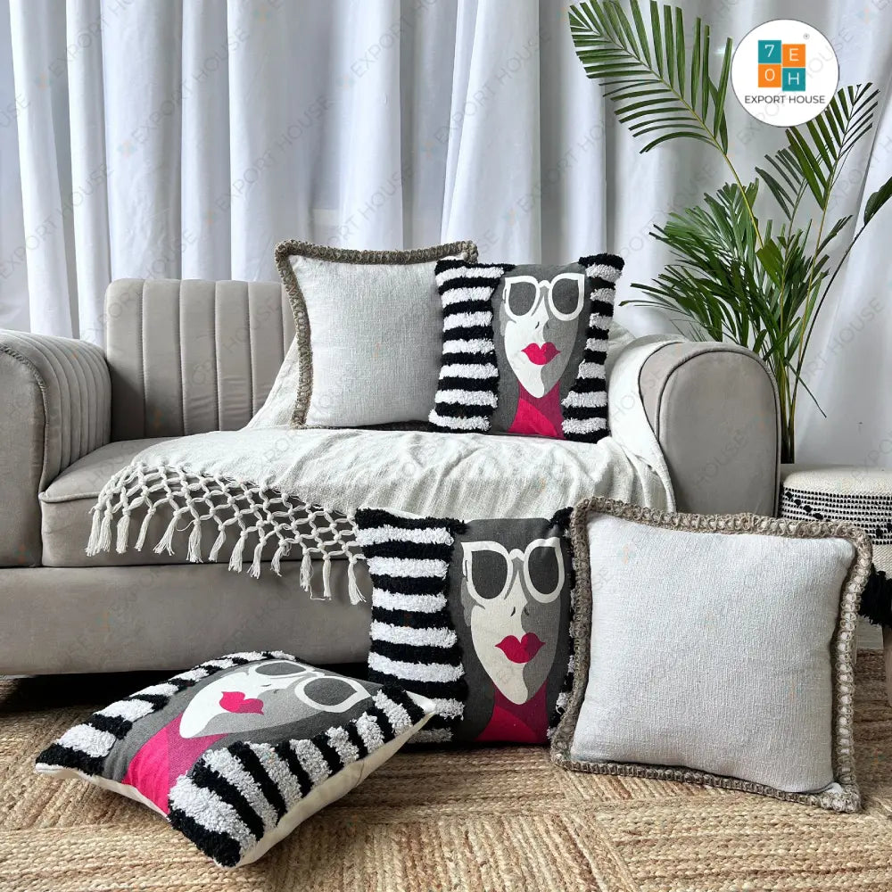 Cotton Tufted Cushion Cover - Premium Set of 5, Size:40cm X 40cm (16" X 16")
