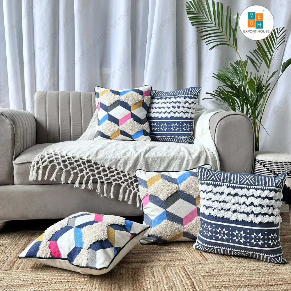 Cotton Tufted Cushion Cover - Premium Set of 5, Size:40cm X 40cm (16" X 16")
