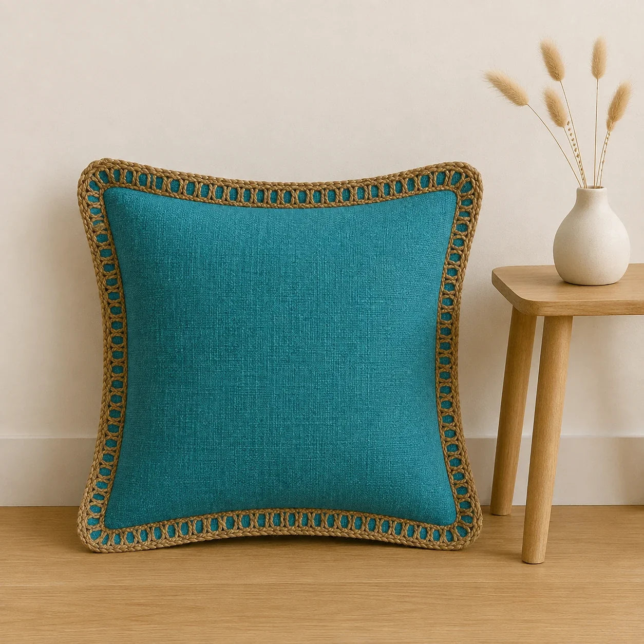 Azure Blue Jute Lace - Premium Cushion Cover