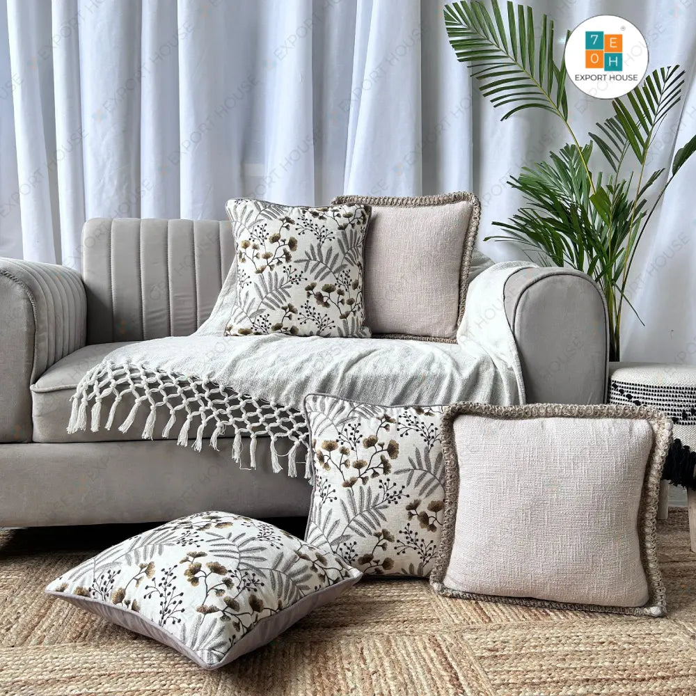Cotton Embroidered Cushion Cover - Premium Set of 5, Size:40cm X 40cm (16" X 16")