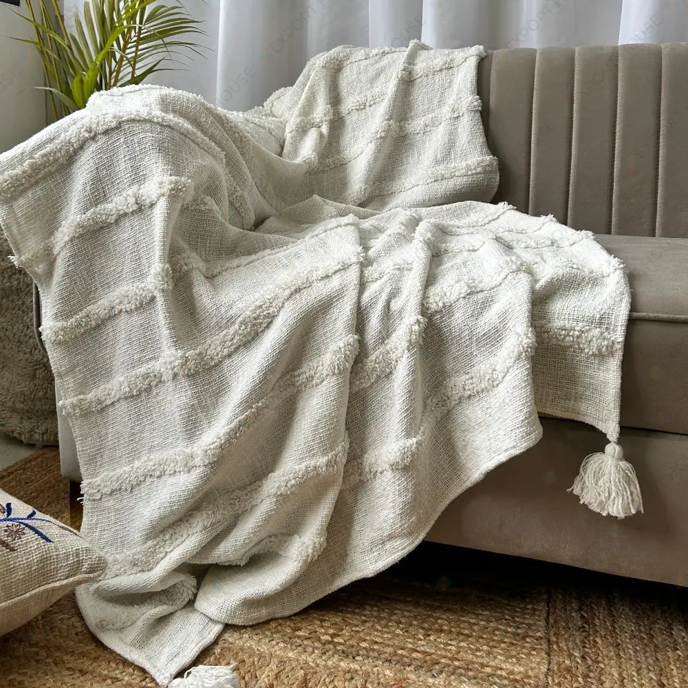 Pure Cotton Throw Blanket With Tassel