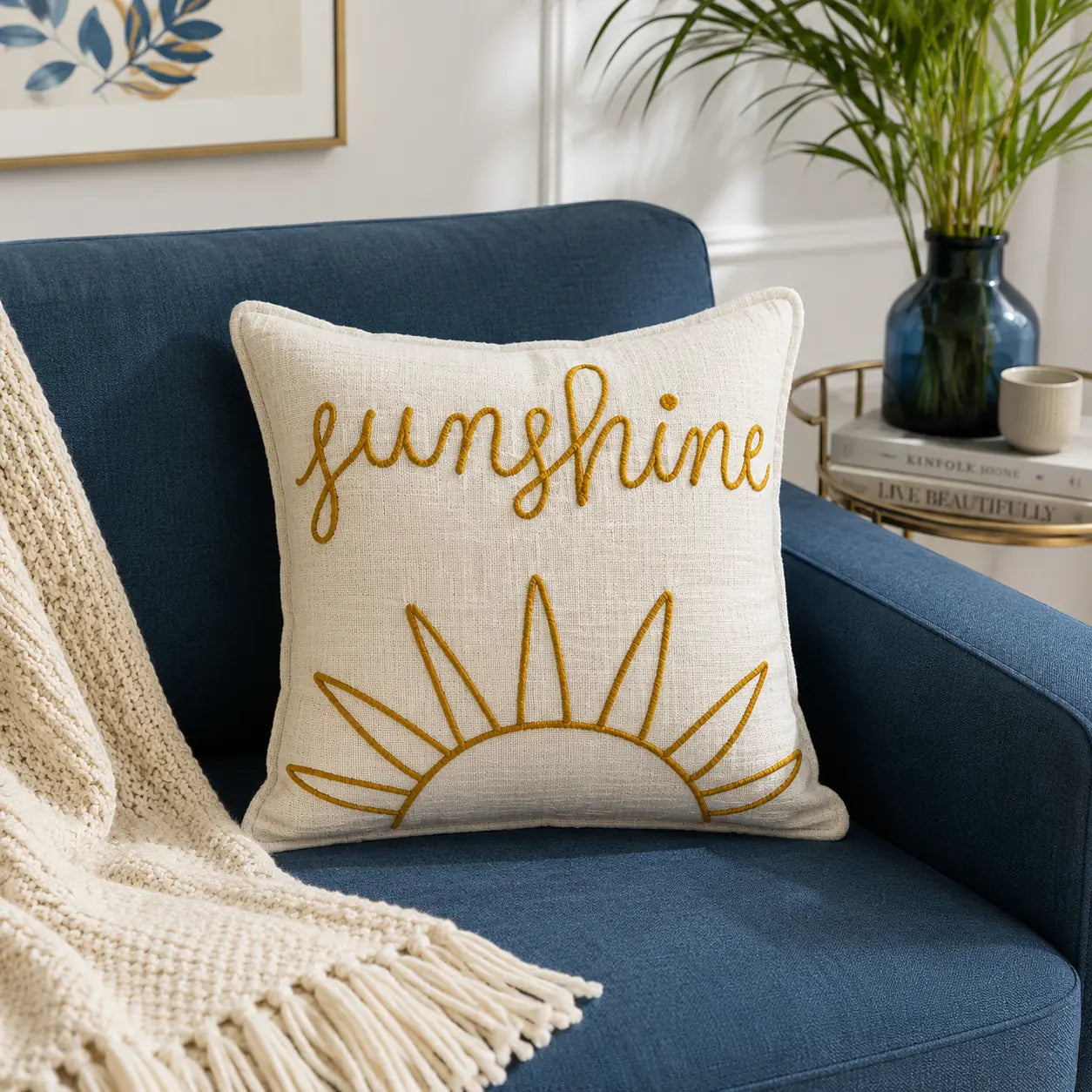 Slub-cotton Embroidered Cushion Cover, 60cm X 60cm (24" X 24")