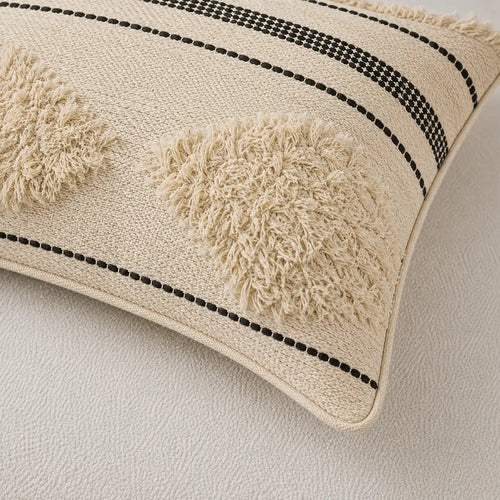 Natural Cotton Cushion Cover with Black Beaded Stripes and Tufted Diamond Motifs