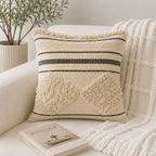 Natural Cotton Cushion Cover with Black Beaded Stripes and Tufted Diamond Motifs