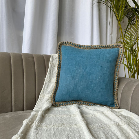 Azure Blue Jute Lace - Premium Cushion Cover