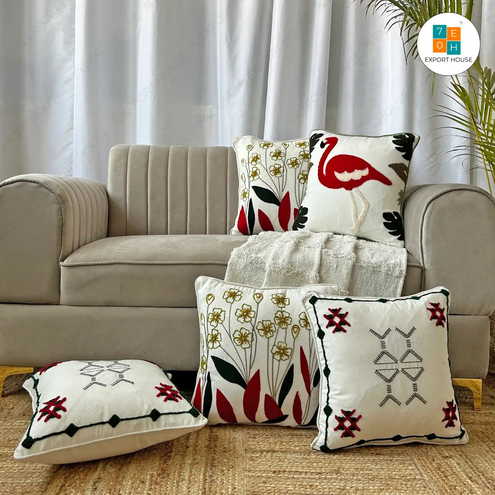 Cotton Embroidered Cushion Cover - Premium Set of 5, Size:40cm X 40cm (16" X 16")