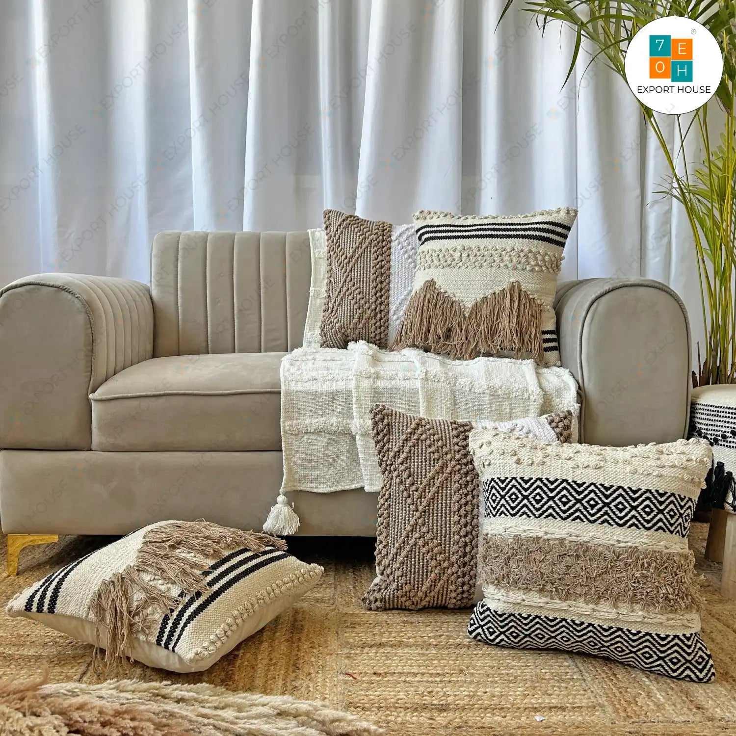 Cotton Boho Cushion Cover - Premium Set of 5, Size:40cm X 40cm (16" X 16")