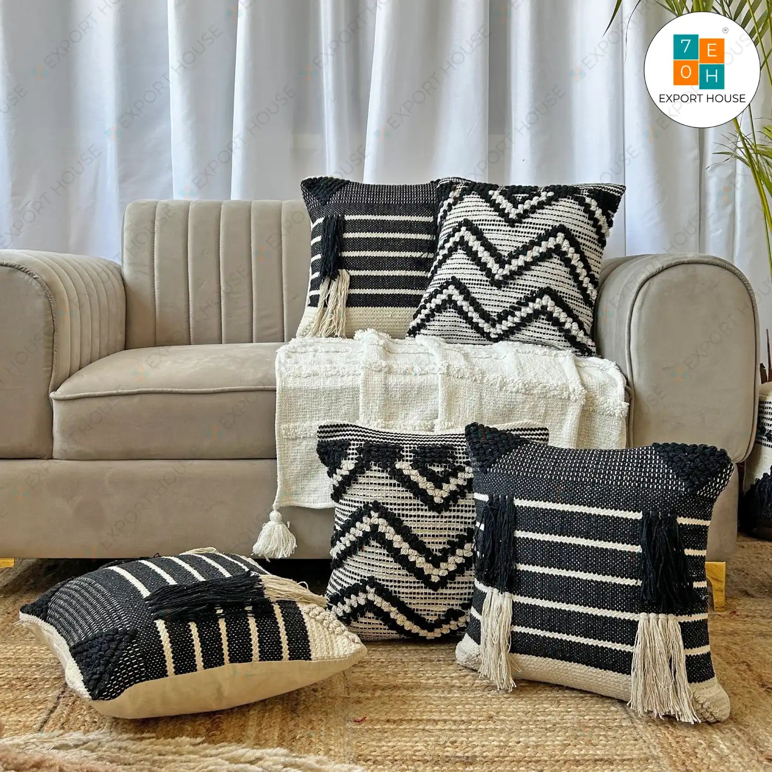 Cotton Boho Cushion Cover - Premium Set of 5, Size:40cm X 40cm (16" X 16")