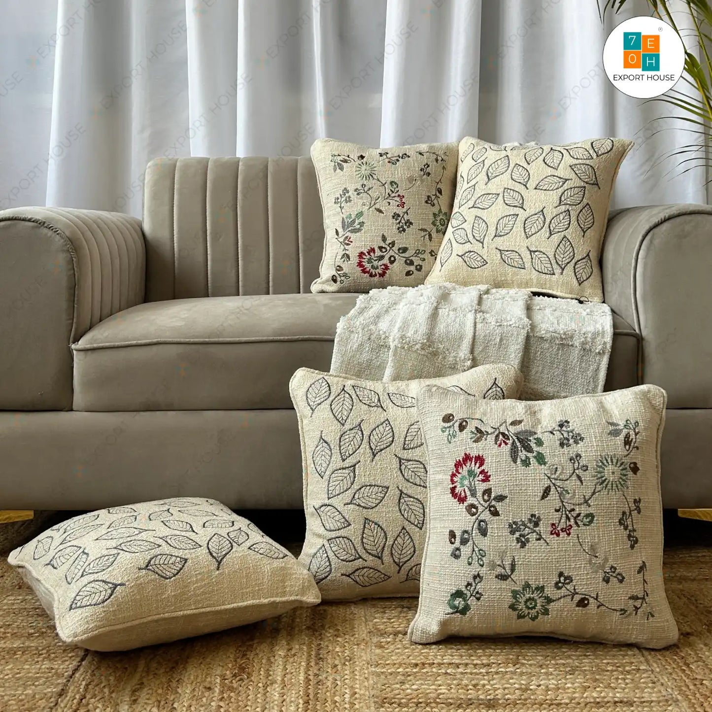 Cotton Embroidered Cushion Cover - Premium Set of 5, Size:40cm X 40cm (16" X 16")