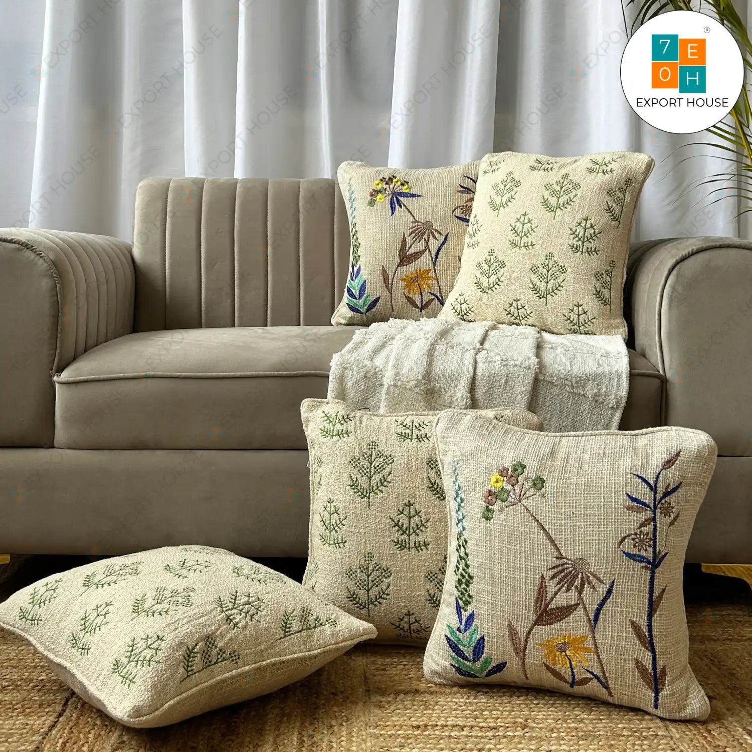 Cotton Embroidered Cushion Cover - Premium Set of 5, Size:40cm X 40cm (16" X 16")