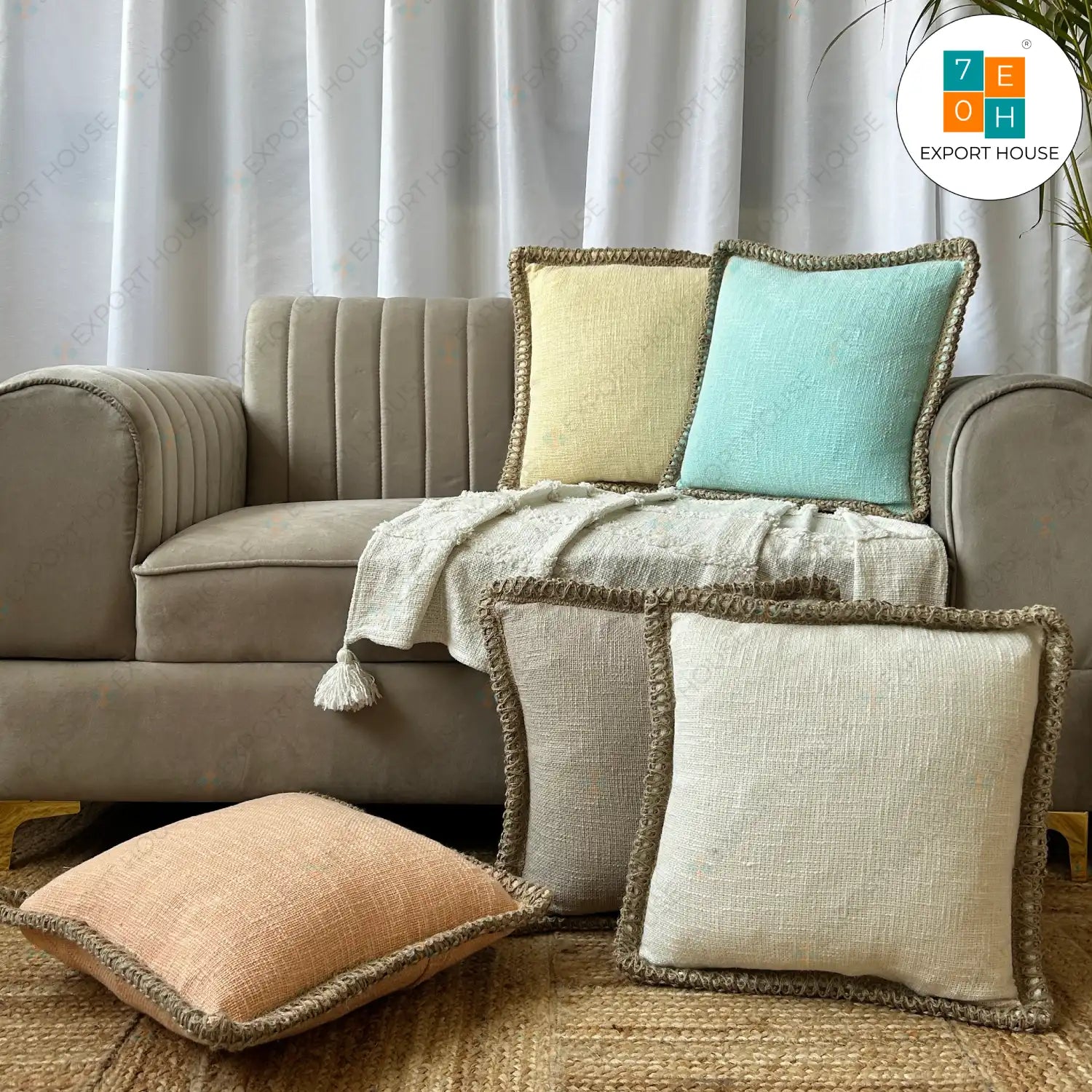 Slub Cotton Plain Cushion Cover - Premium Set of 5, Size:40cm X 40cm (16" X 16")