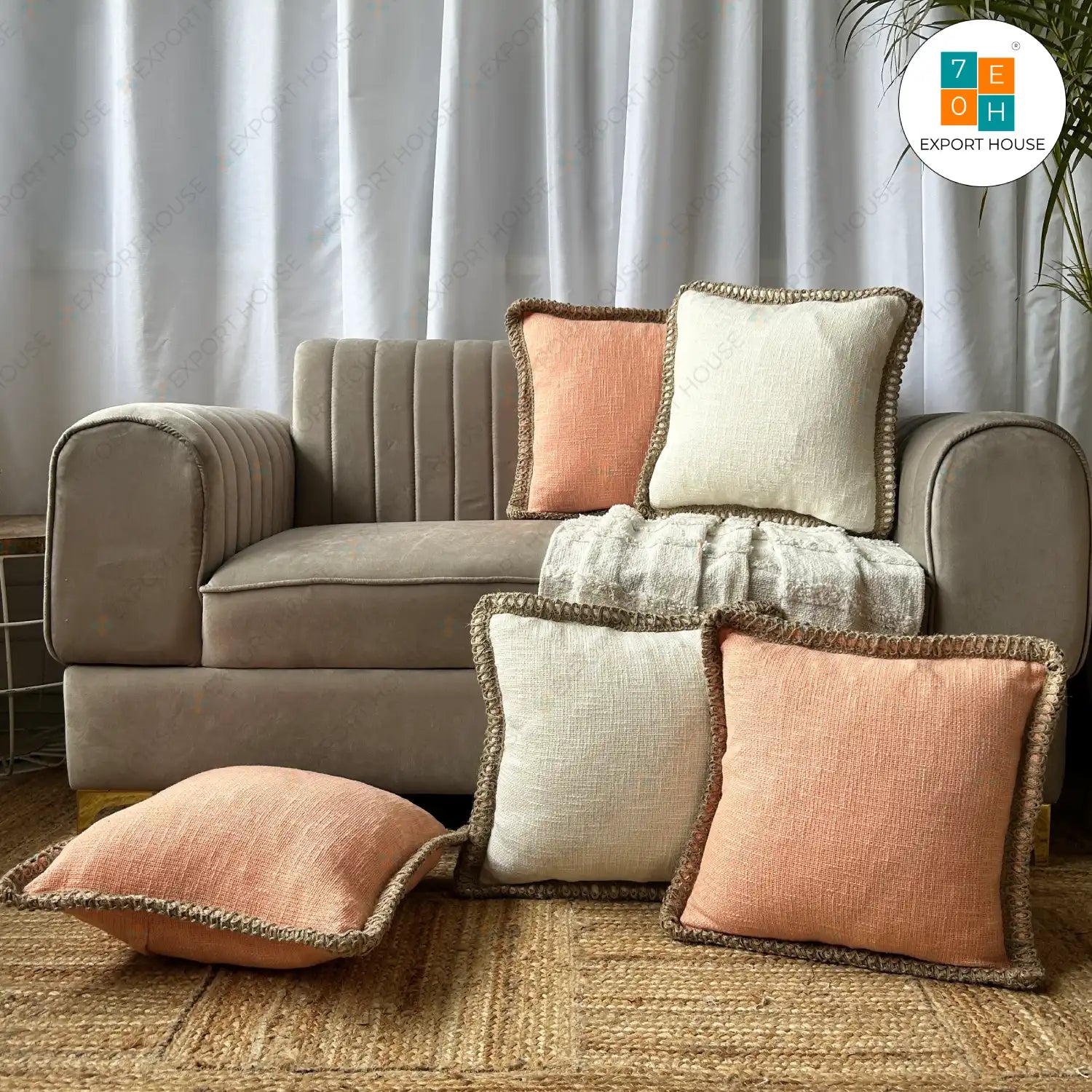 Slub Cotton Plain Cushion Cover - Premium Set of 5, Size:40cm X 40cm (16" X 16")
